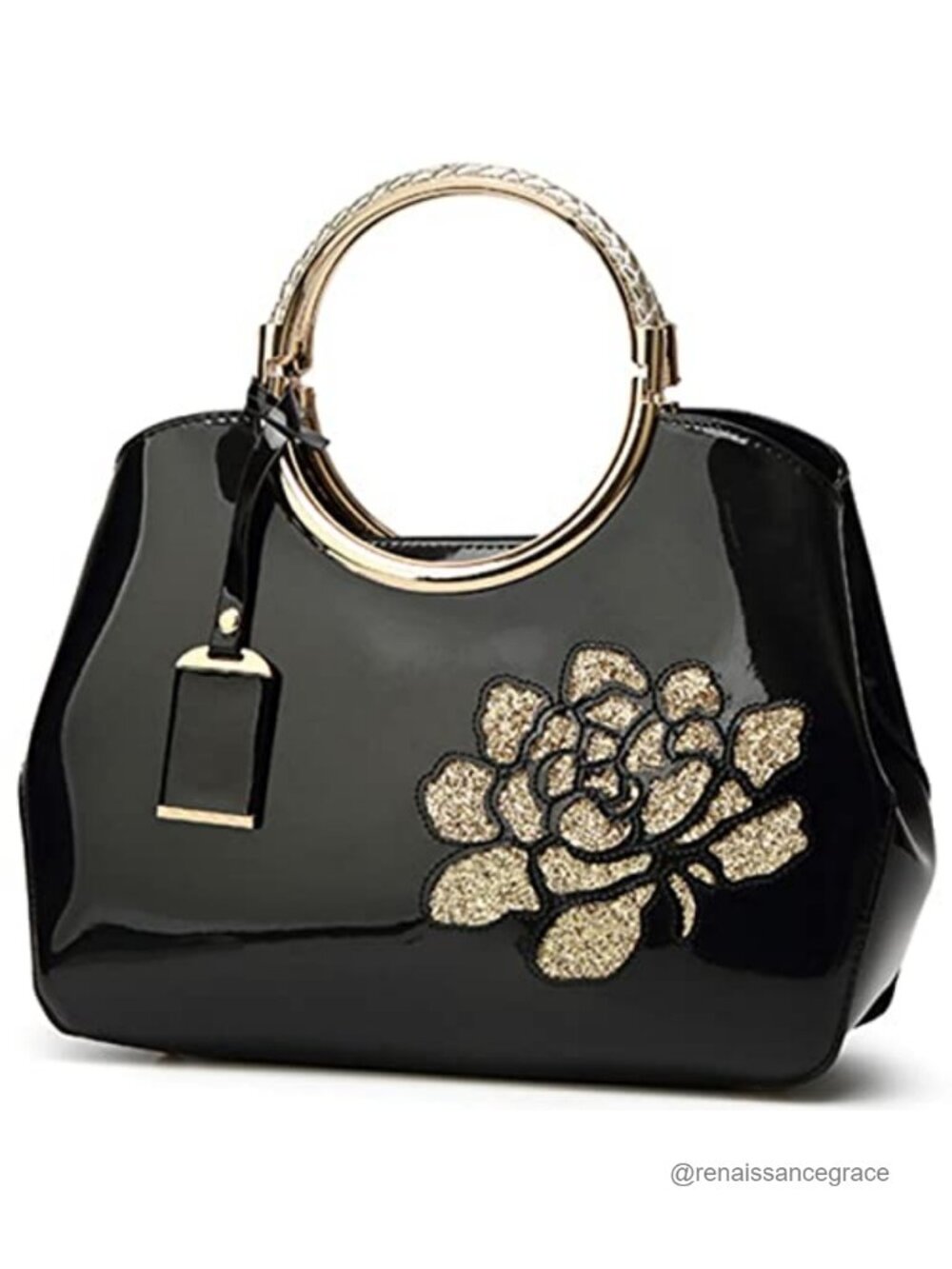 Patent Leather Floral Satchel Structured Shoulder Bag Gold Tone Hardware